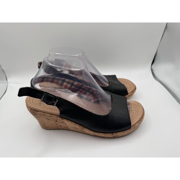CROCS A-Leigh Black Leather Cork Wedge Slingbacks Sandals Size 9 w9 - Picture 1 of 10